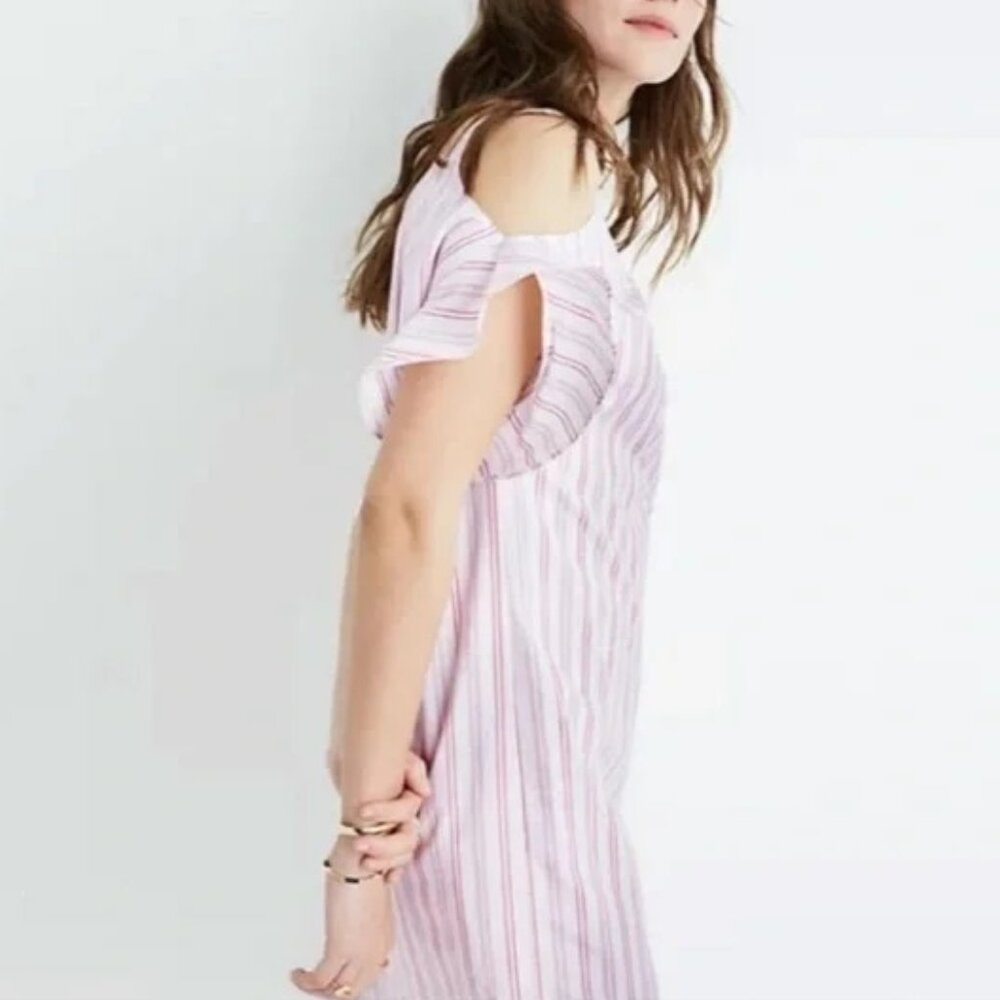 Madewell ~ Red + White Stripe Cotton Ruffle Cold Shoulder Mini Dress in Medium